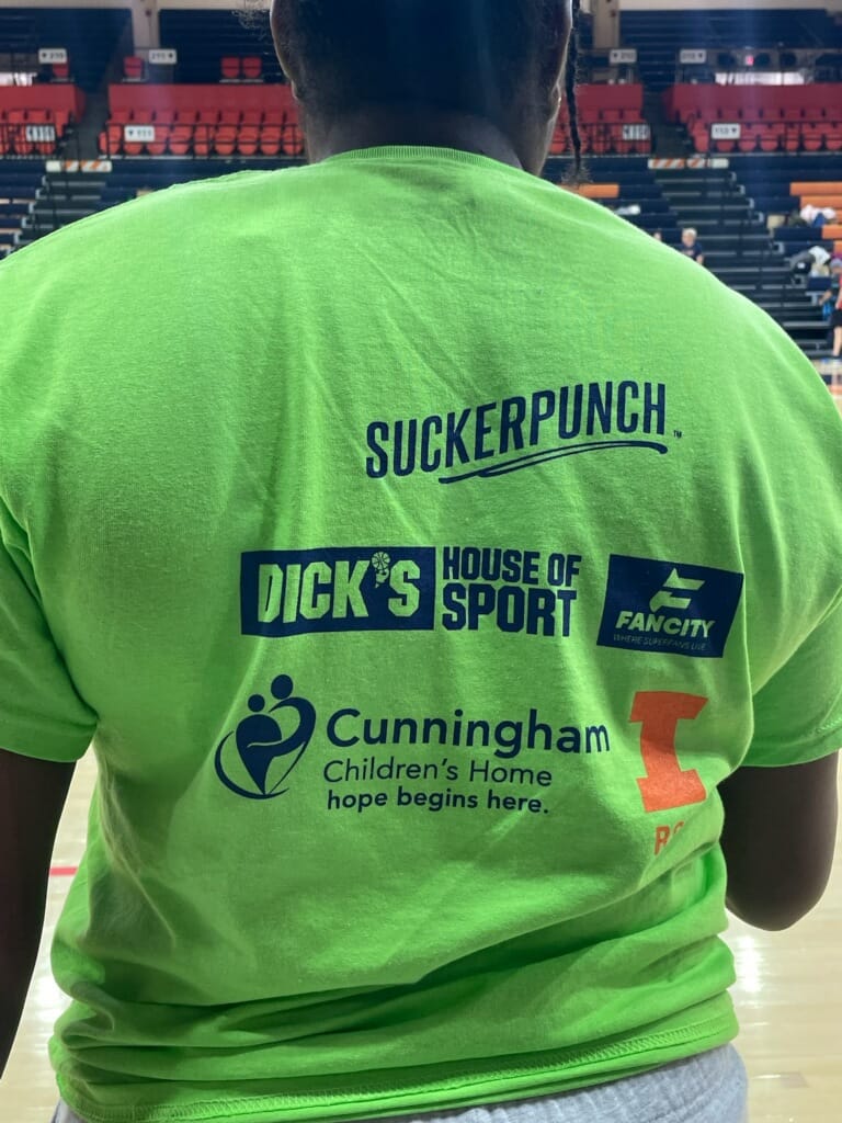 Back of lime green pickleball tournament t-shirt with logos for Suckerpunch, Dick