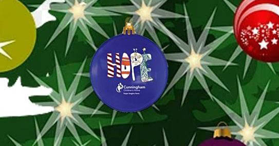 royal blue circle Christmas ornament with the Cunningham logo and youth artwork with the word hope hanging on a Christmas tree clipart image