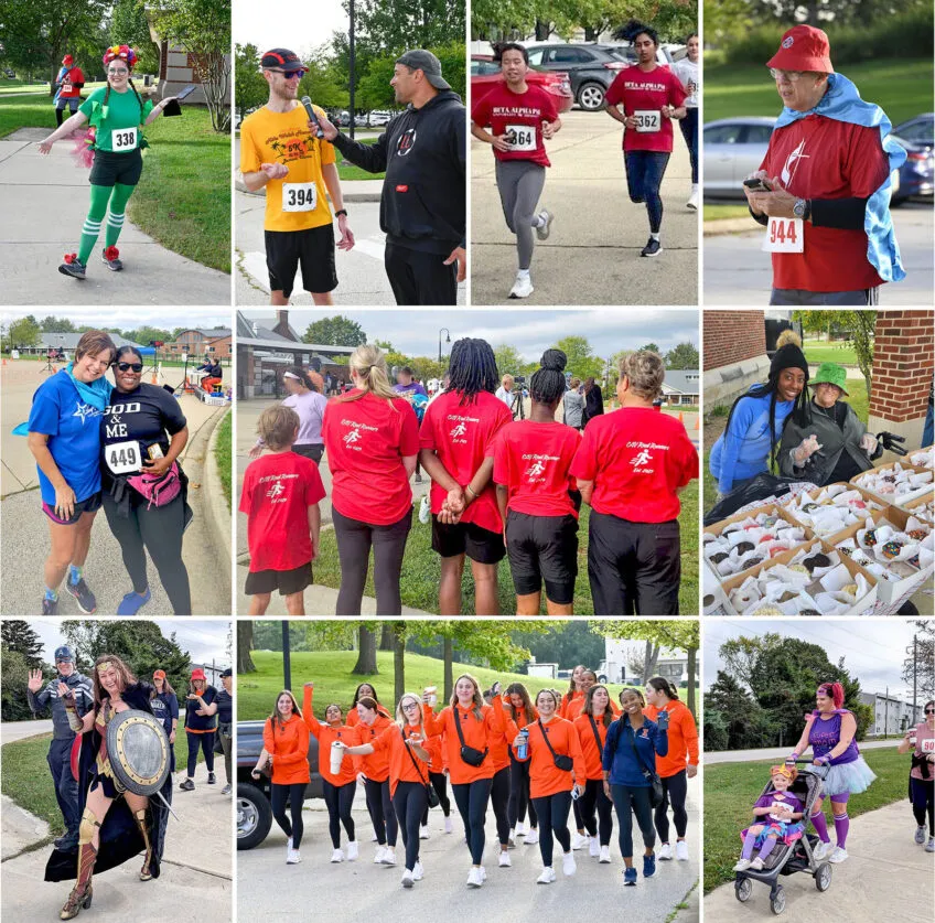 collage of photos from the Be a Hero 5K showing runners and participants dressed in costumes