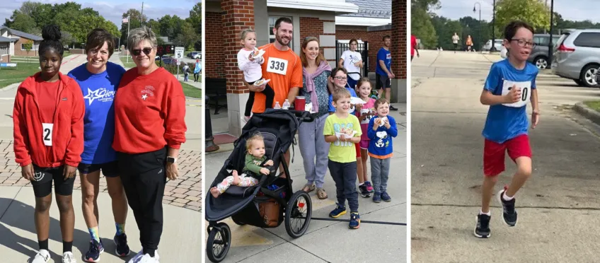 Three photos including two women and a youth, a family of participants and a young runner.