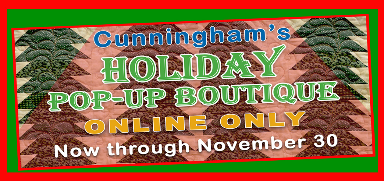 rectangular image with a background of christmas trees stating holiday pop up boutqiue