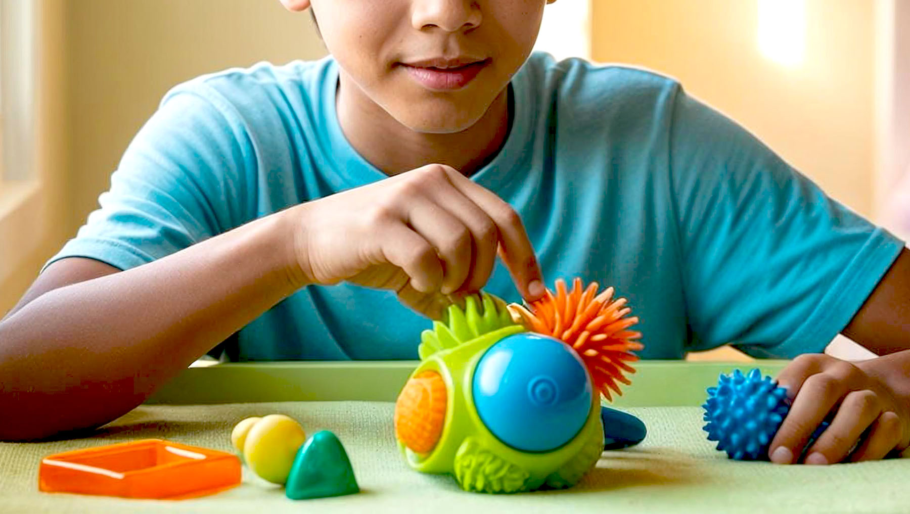 young boy in light blue shirt playing with fidget toys