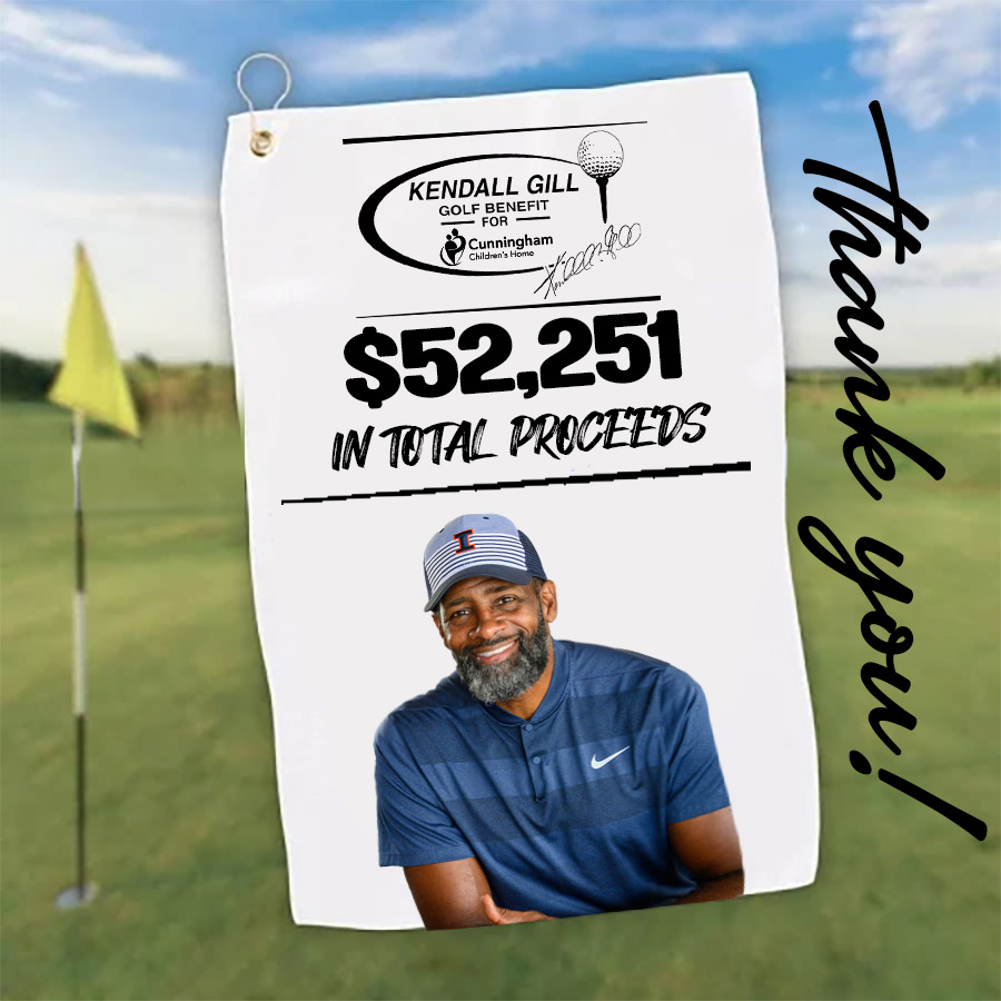 golf course image with picture of kendall gill imprinted on a golf towel