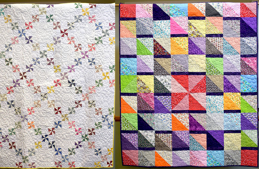 two colorful quilts side by side with one being cream colored and pastel outlined diamonds and the other with various bright colors